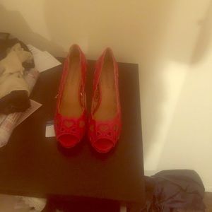 Red peep toe heels